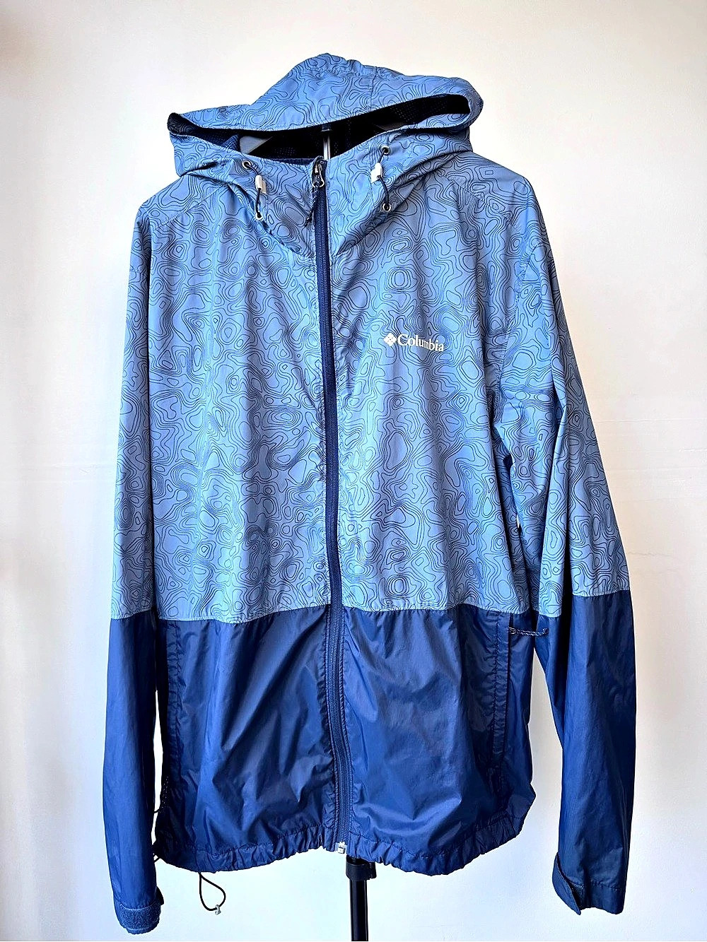 Columbia Men’s Roan Mountain Rain Jacket Blue Hooded Packable Windbreaker Large